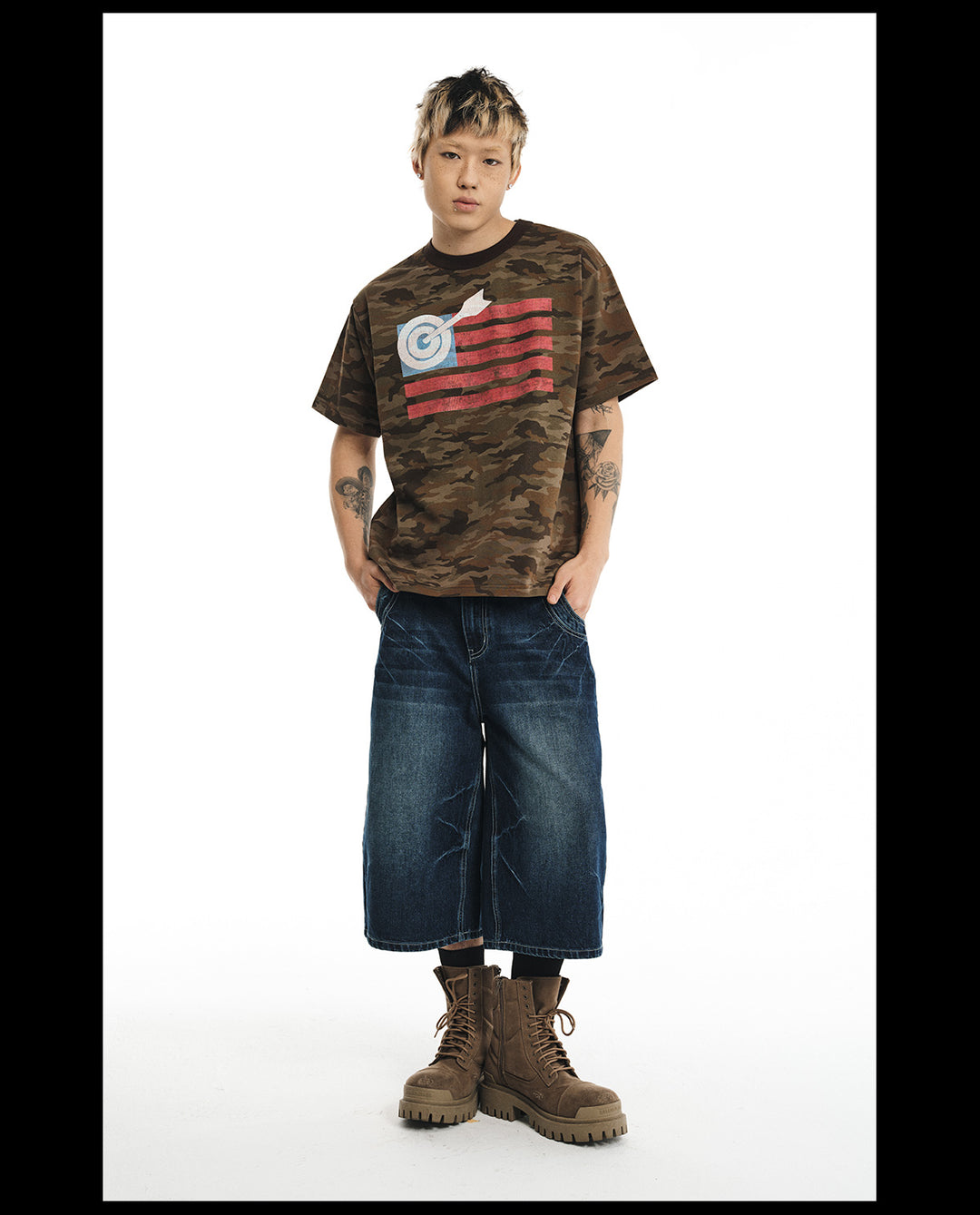 NOVACAM Washed Backstitch Vintage Print Black & Camouflage Tee | Face 3 Face