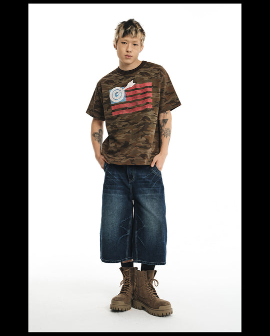 NOVACAM Washed Backstitch Vintage Print Black & Camouflage Tee | Face 3 Face