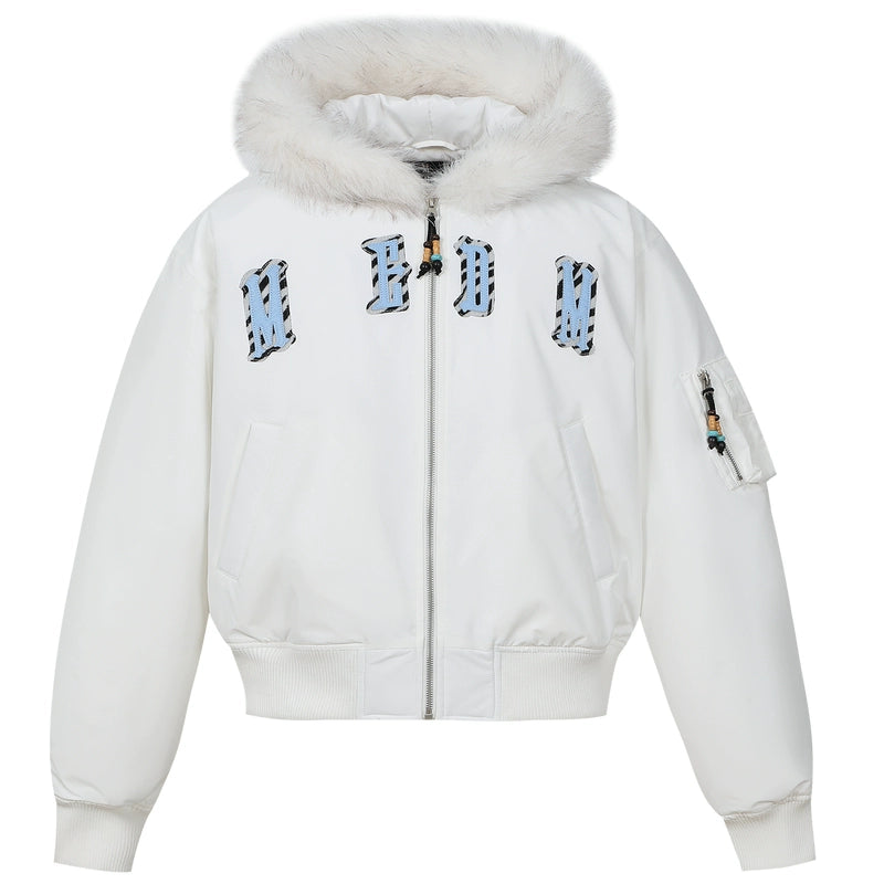 MEDM Animal Logo Patch Fur Hooded Bomber Jacket | Face 3 Face