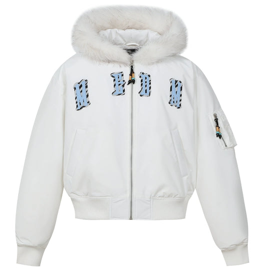 MEDM Animal Logo Patch Fur Hooded Bomber Jacket | Face 3 Face