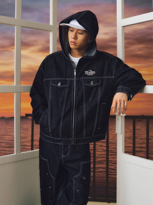 MEDM Embroidered Patch Hooded Zip Up Denim Jacket | Face 3 Face