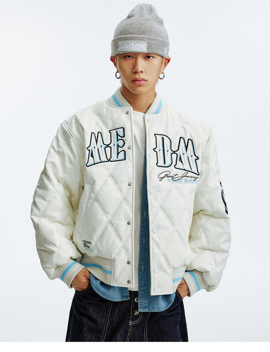 MEDM Diamond Quilted PU Leather Varsity Jacket | Face 3 Face