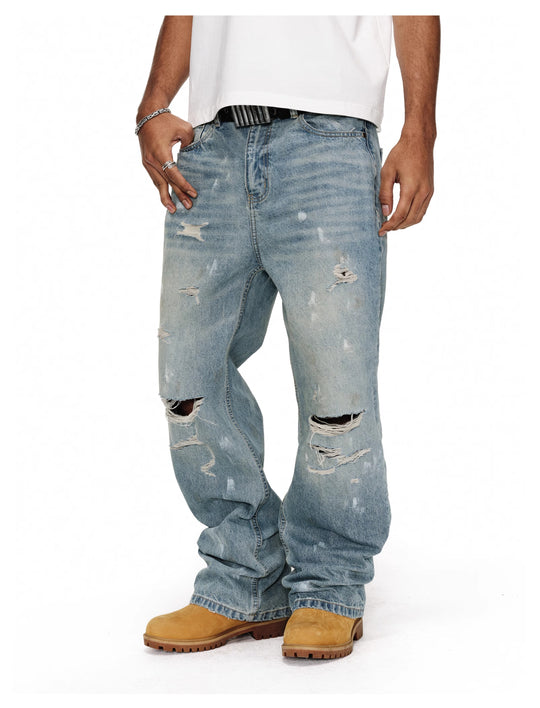 ANTIDOTE Washed Ripped Holes Light Blue Flared Jeans | Face 3 Face