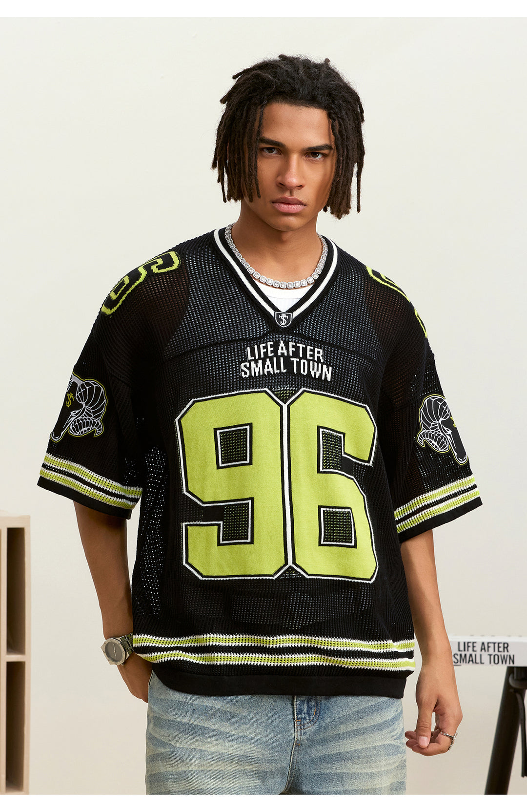 Small Town Kid Mesh Knit V Neck Rugby Jersey | Face 3 Face