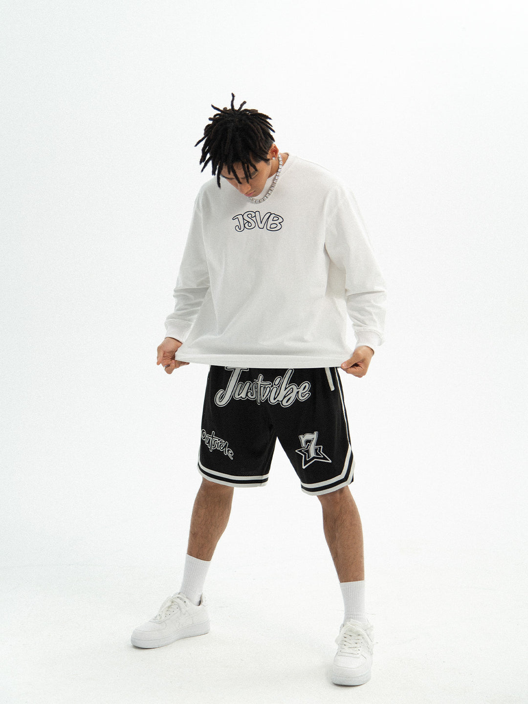 JUST VIBE Patch Embroidered Mesh Basketball Shorts | Face 3 Face