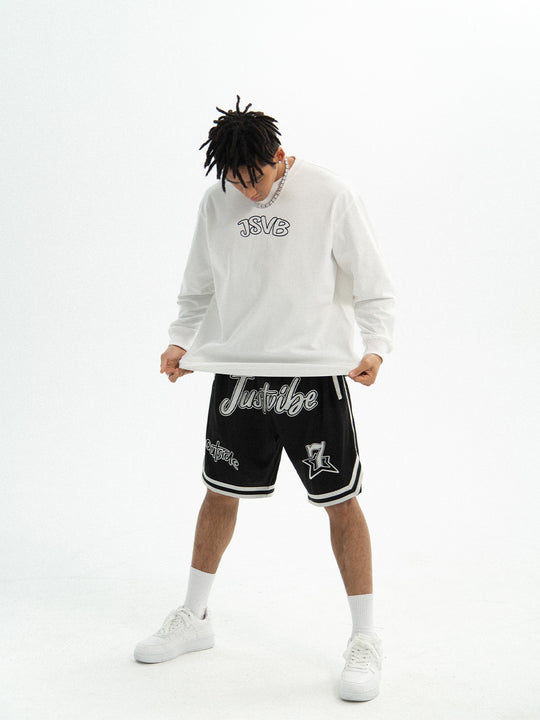 JUST VIBE Patch Embroidered Mesh Basketball Shorts | Face 3 Face