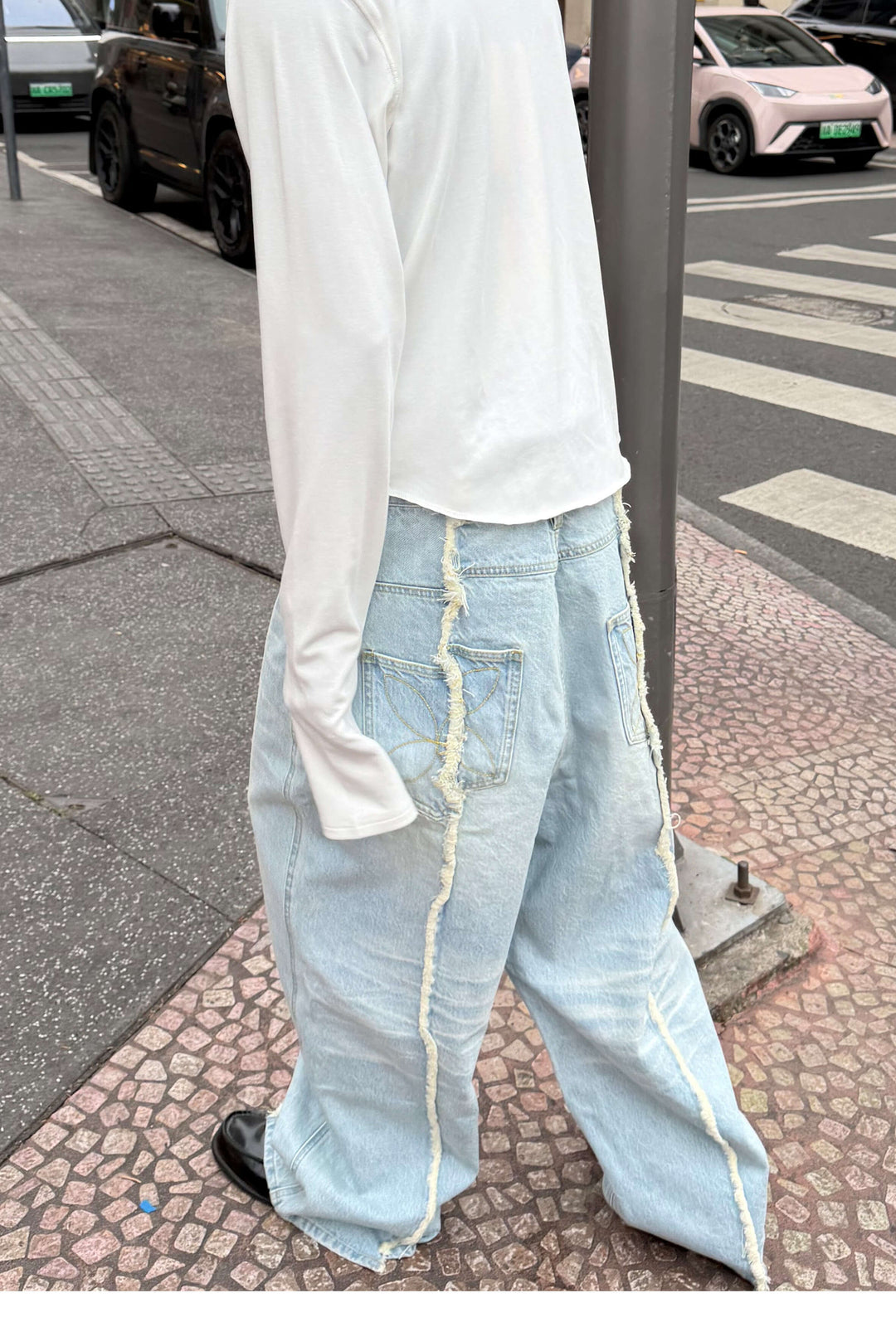 STEEPC Ice Blue Washed Frayed Center Seam Baggy Jeans | Face 3 Face