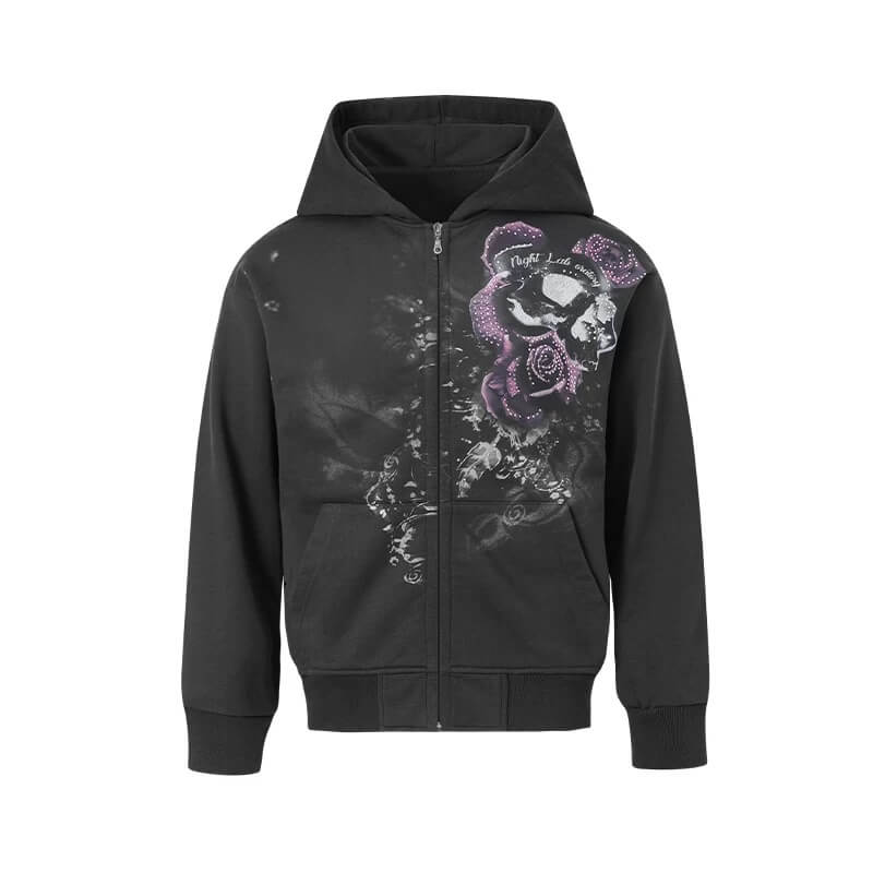 Night Lab Rose Skull Rhinestone Zip Up Hoodie | Face 3 Face
