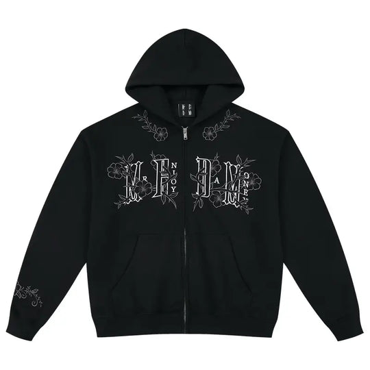 MEDM Flower Embroidered Zip Up Hoodie | Face 3 Face
