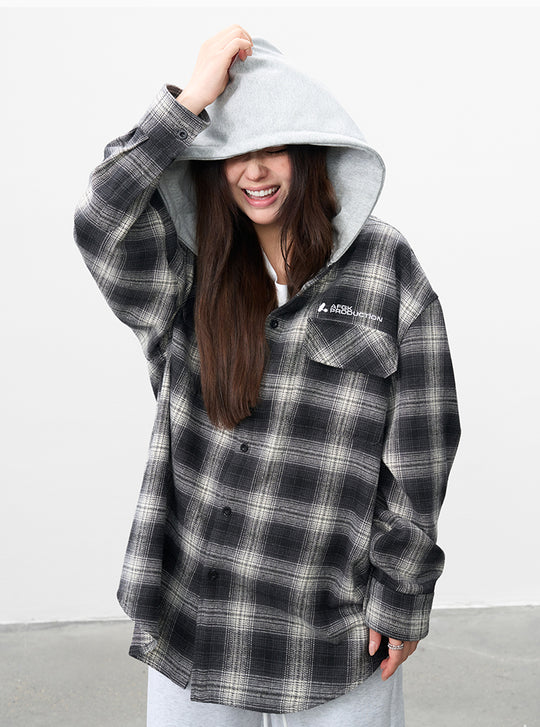 AFGK Plaid Embroidered Hooded Long Sleeve Shirt | Face 3 Face
