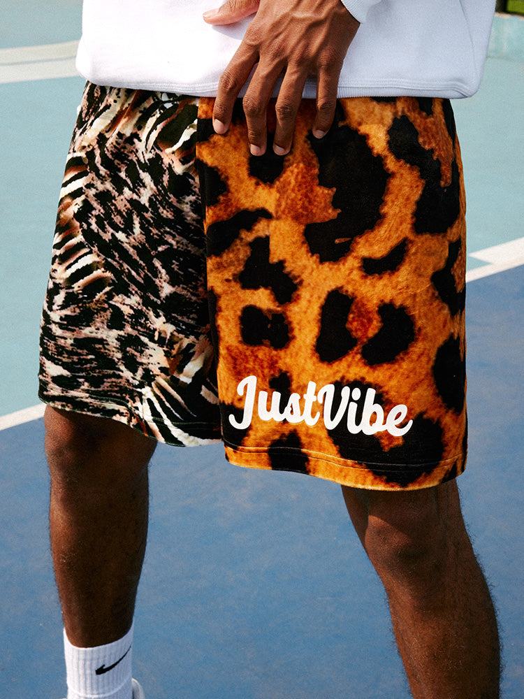 JUST VIBE Asymmetric Leopard Mesh Basketball Shorts | Face 3 Face