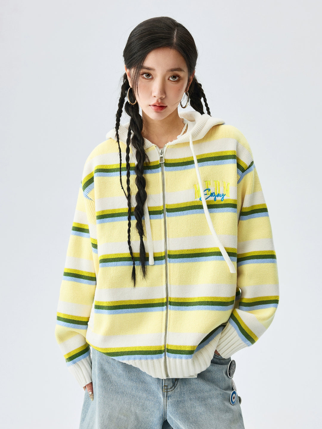 MEDM Colorful Stripes Zip-Up Knit Hoodie | Face 3 Face