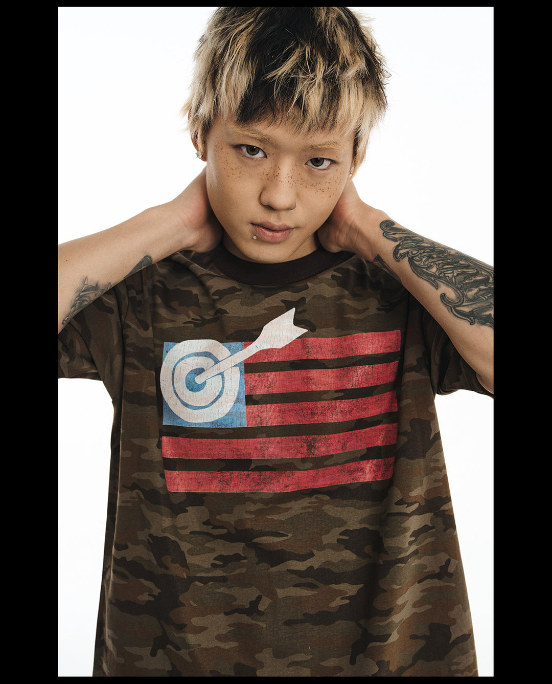 NOVACAM Washed Backstitch Vintage Print Black & Camouflage Tee | Face 3 Face