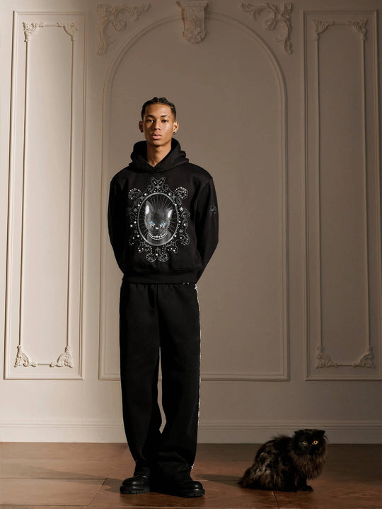 YADcrew Black Cat Print Pearl Hoodie | Face 3 Face