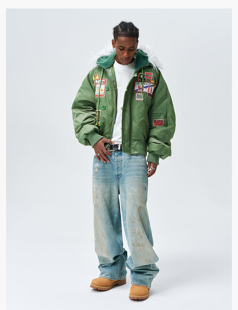 MEDM License Plate Patch Fur-Hooded MA-1 Bomber Jacket | Face 3 Face