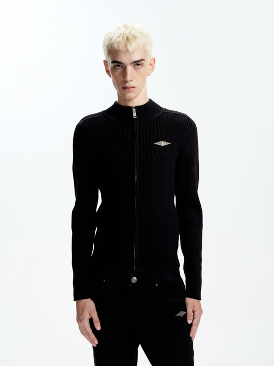 KARMANISTIC Metal Logo Badge Slim Fit Zip Up Knit Sweater | Face 3 Face