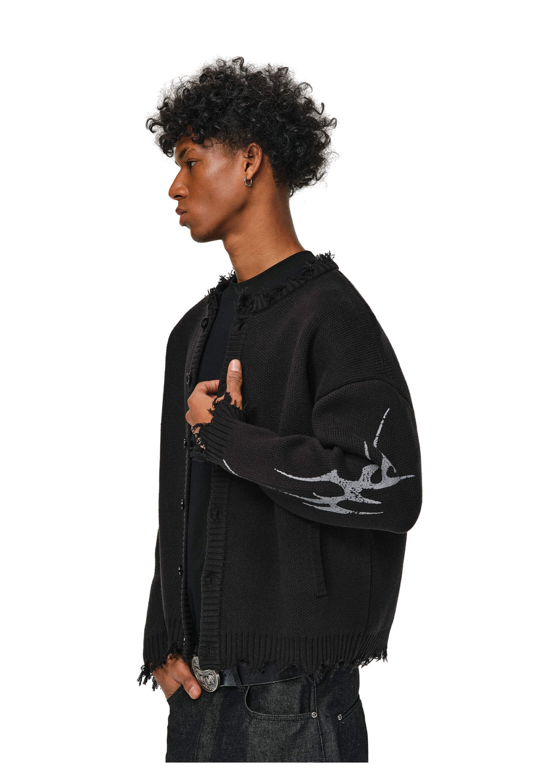 ANTIDOTE Distressed Frayed Tribal Print Knit Cardigan | Face 3 Face