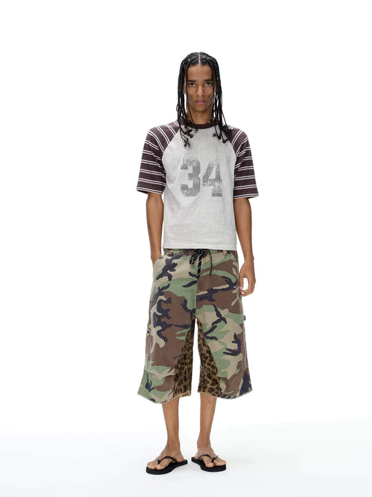 EXITMODE BY BLIND NO PLAN Camo Leopard Color Block Patchwork Baggy Work Shorts | Face 3 Face