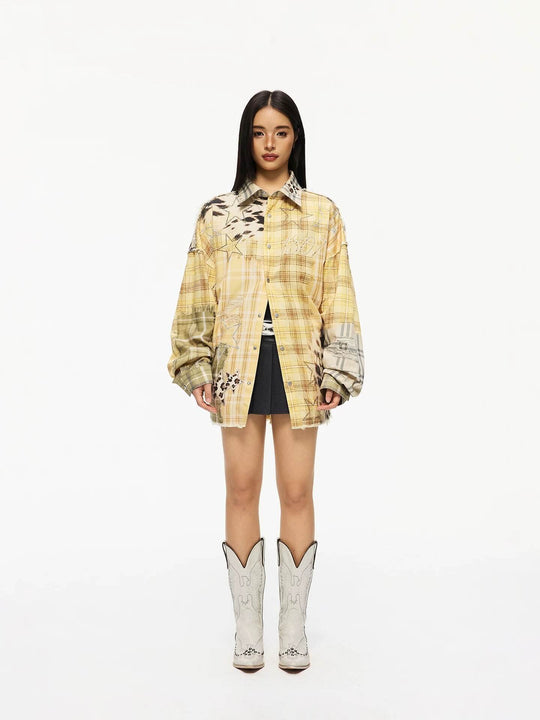 1807 Patchwork Print Plaid Rhinestone Long Sleeve Shirt | Face 3 Face