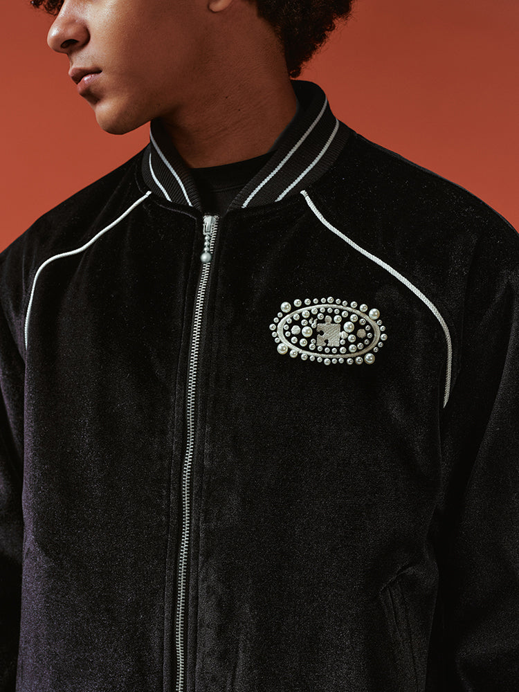 YADcrew Black Velvet Pearl-Embroidered Bomber Jacket | Face 3 Face