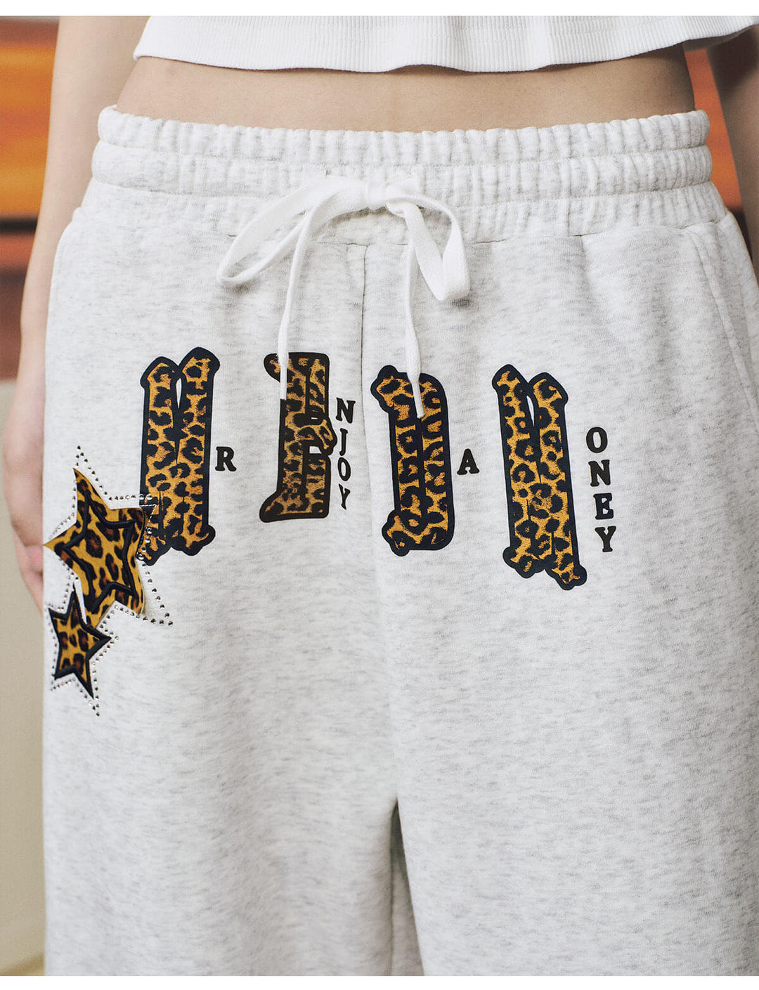 MEDM Animal Print Star Patch Rhinestone Curved Baggy Sweatpants | Face 3 Face