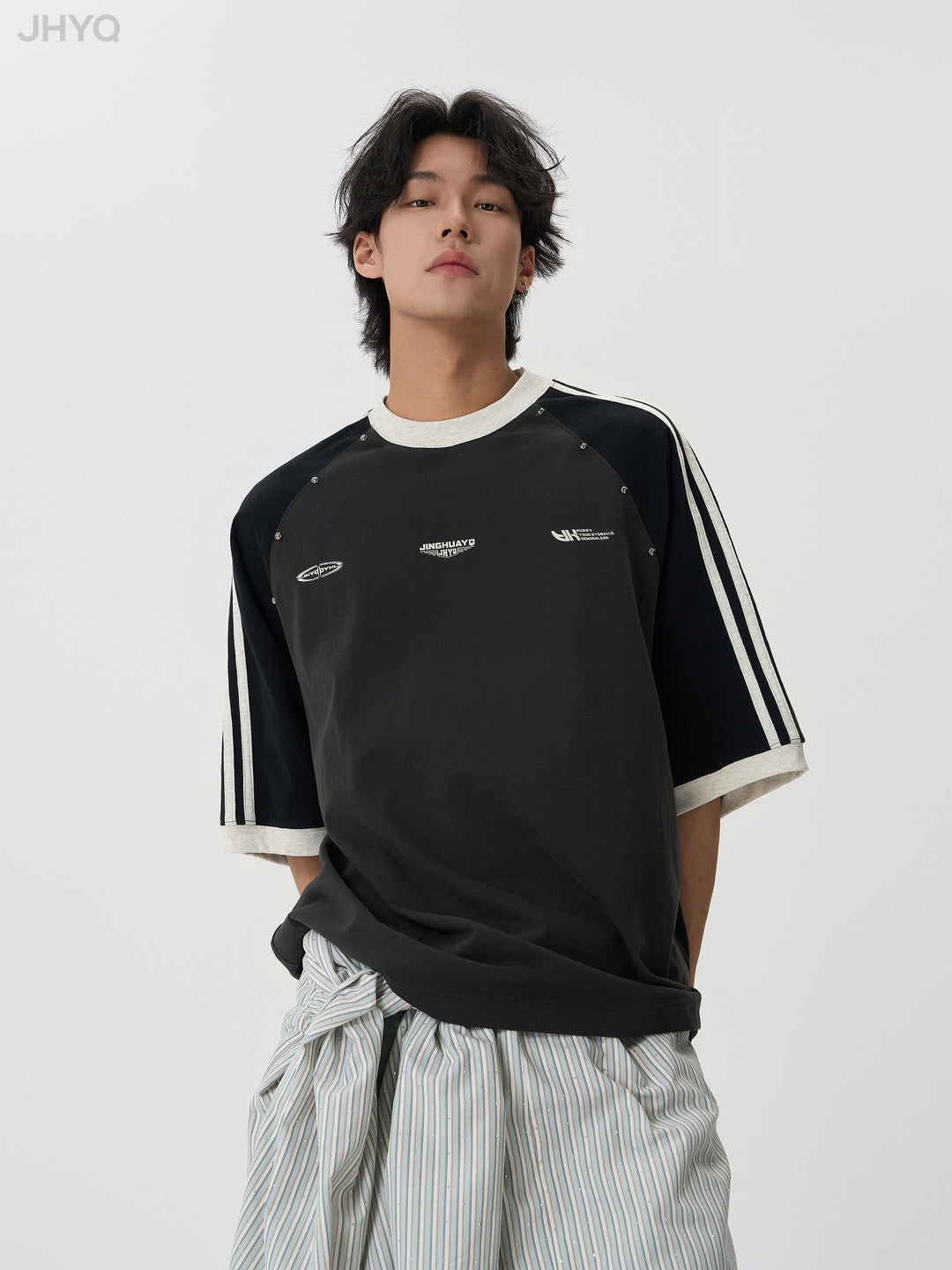 JHYQ Striped Shoulder Color Blocking Beaded Tee