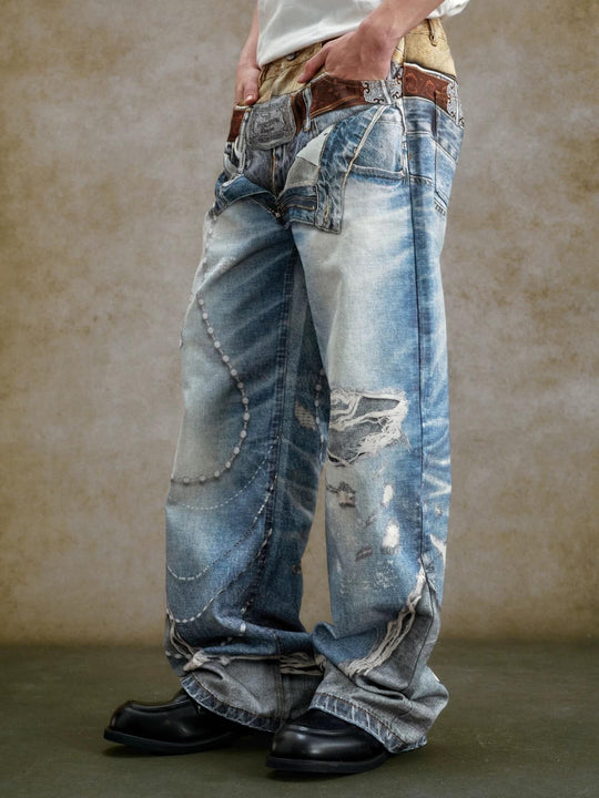 YADcrew Double Waist 3D Digital Print Jeans | Face 3 Face