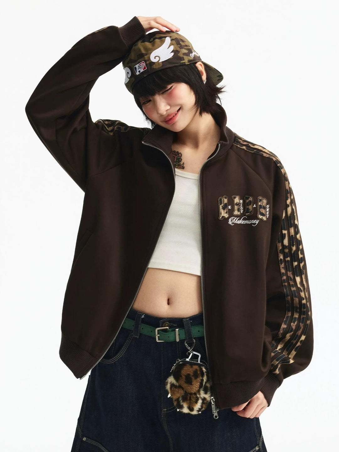 MEDM Leopard Print Stripe Sleeve Track Jacket | Face 3 Face