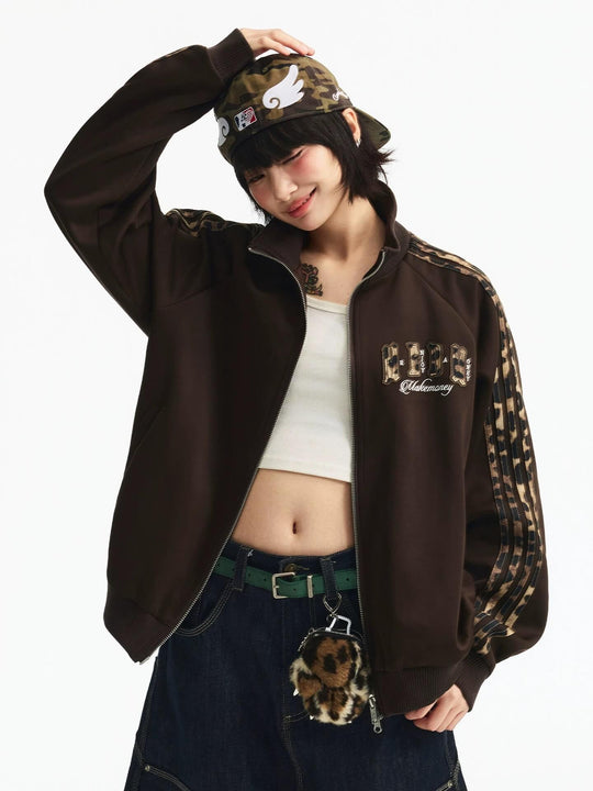 MEDM Leopard Print Stripe Sleeve Track Jacket | Face 3 Face