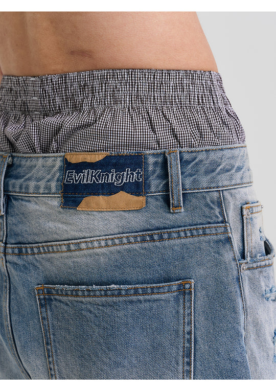 EVILKNIGHT(EK) Washed Checkered Patch Distressed Jeans | Face 3 Face
