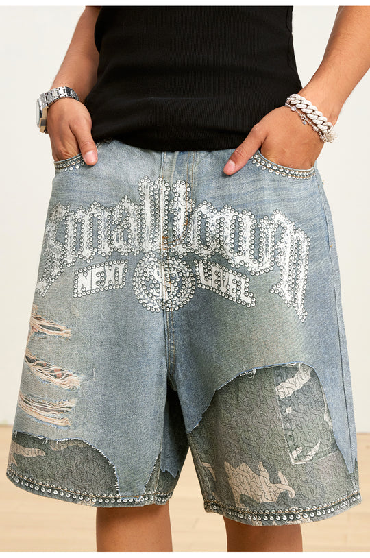 Small Town Kid Rhinestone Destroyed Print Denim Shorts | Face 3 Face