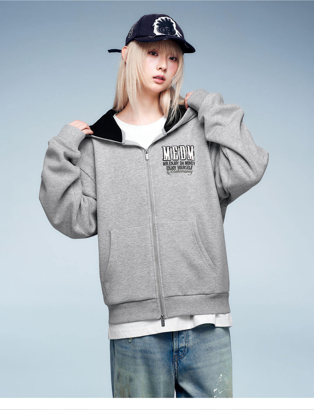 MEDM Contrast Hood Lining Zip Up Hoodie | Face 3 Face