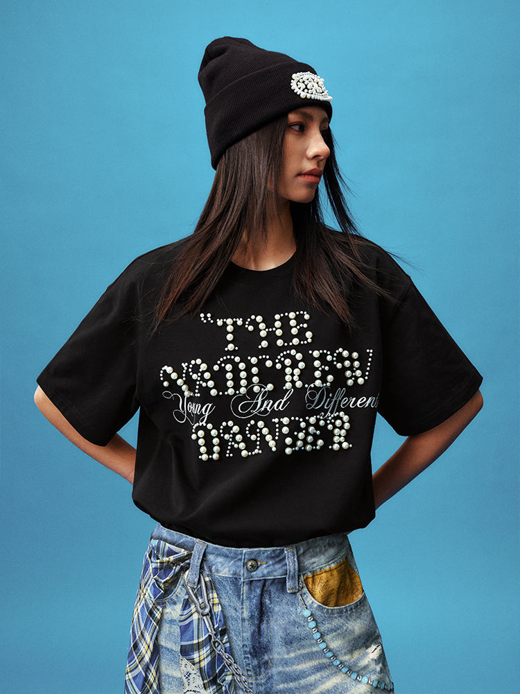 YADcrew Pearl Typography Logo Embroidered Tee | Face 3 Face