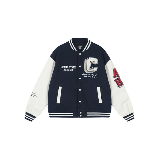 Racer varsity jacket | Achock College Embroidery Navy Blue Varsity Jacket | Face 3 Face