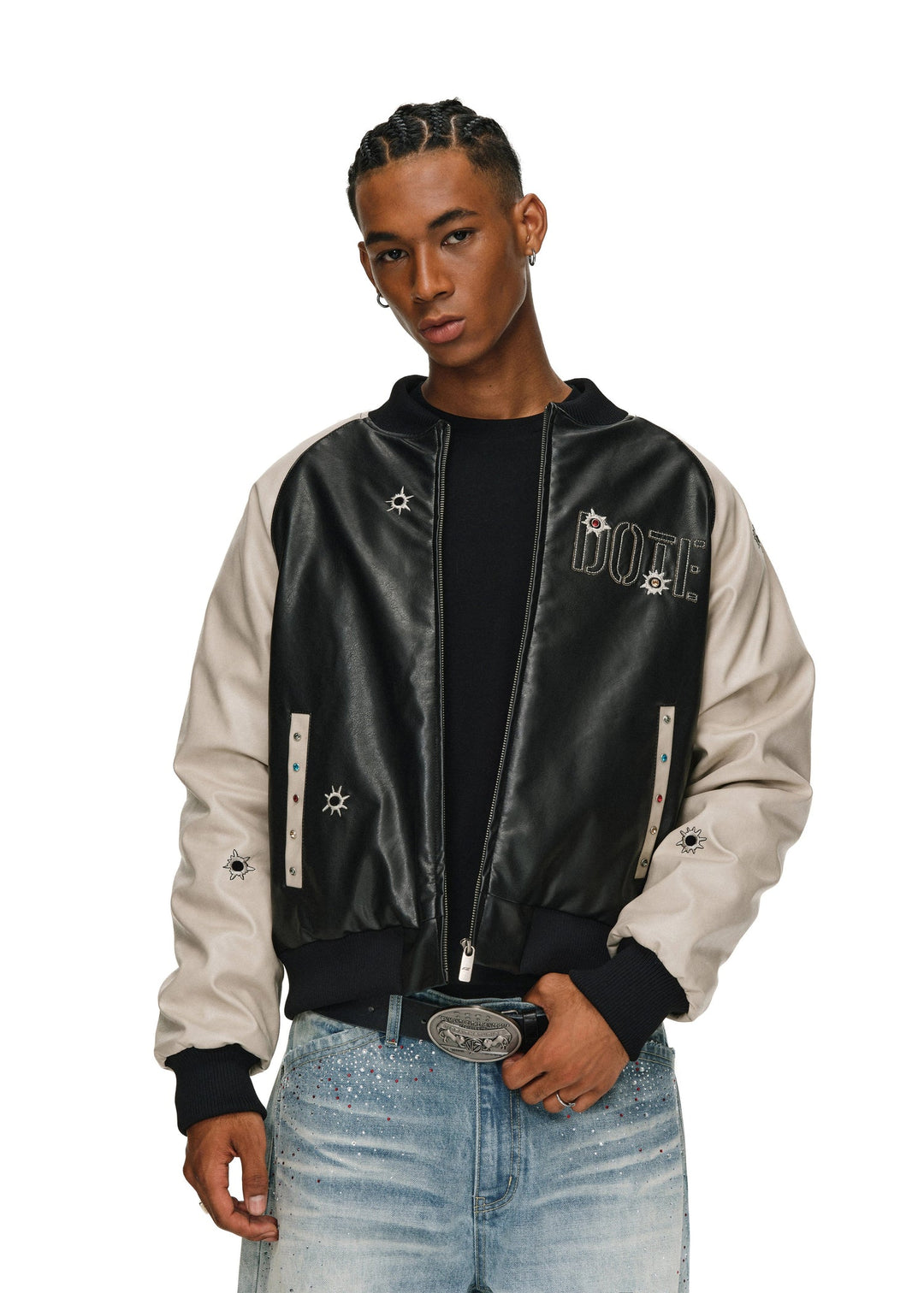 ANTIDOTE Bullseye Color Diamond Studded Leather Baseball Jacket | Face 3 Face