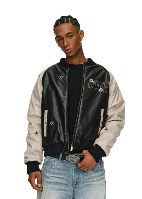 ANTIDOTE Bullseye Color Diamond Studded Leather Baseball Jacket | Face 3 Face