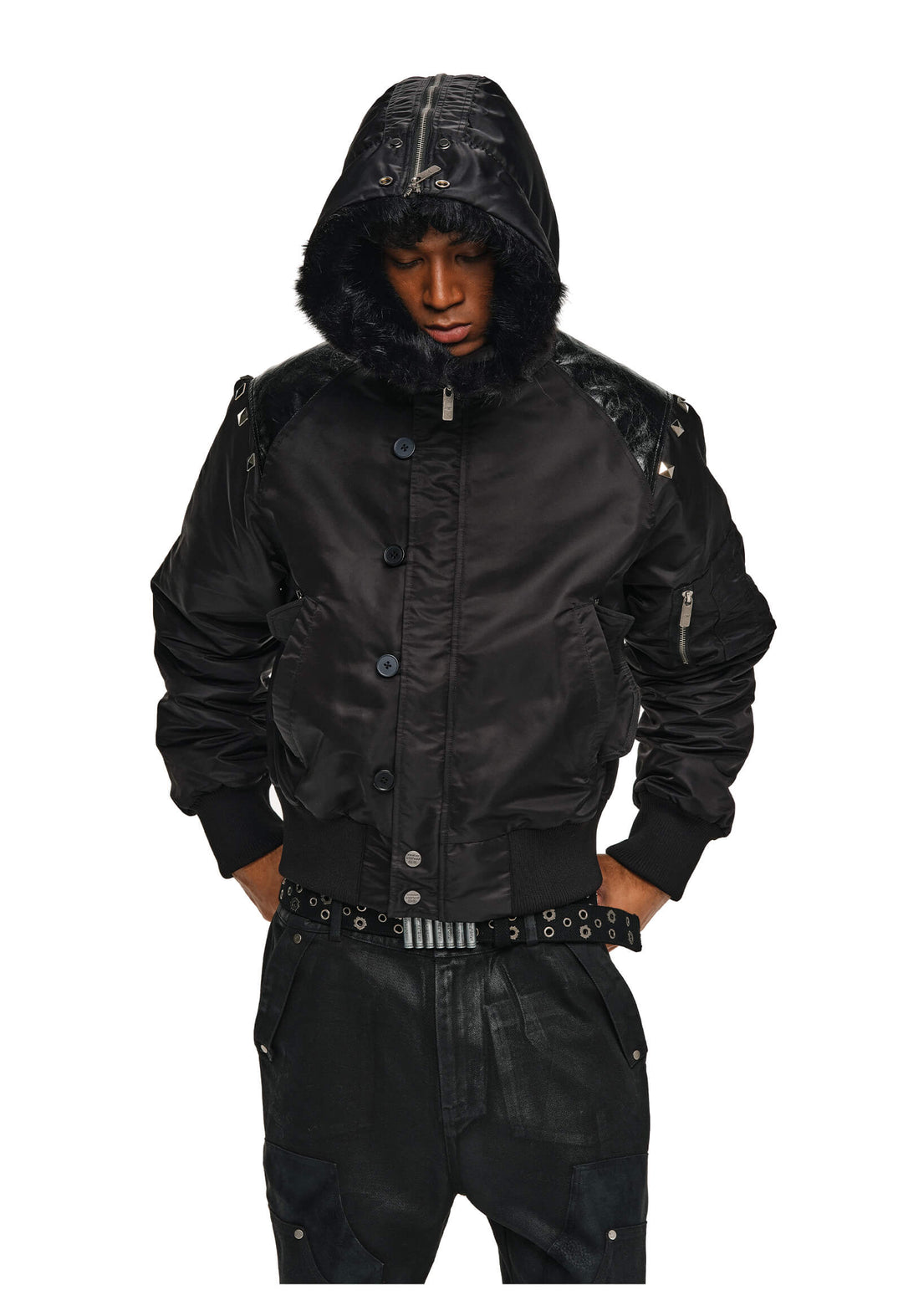 ANTIDOTE Fur Leather Studded N2B Bomber Jacket | Face 3 Face