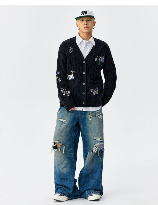 MEDM Floral Butterfly Embroidered Cable Knit Cardigan | Face 3 Face