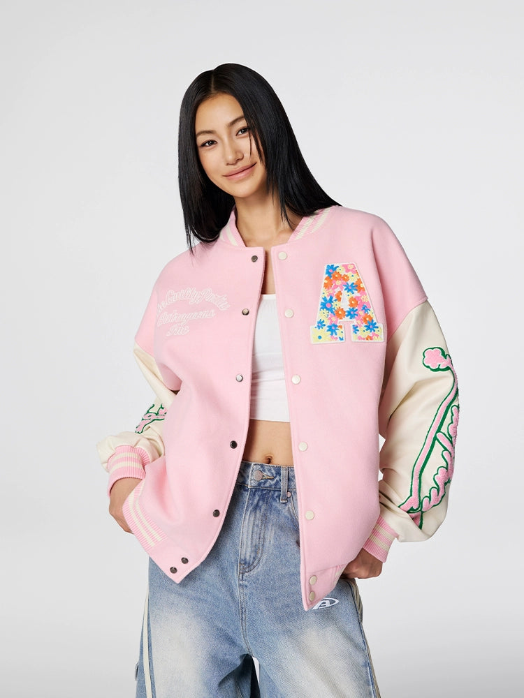 Racer varsity jacket | Achock Colorful Flower Logo Embroidery Varsity Jacket | Face 3 Face