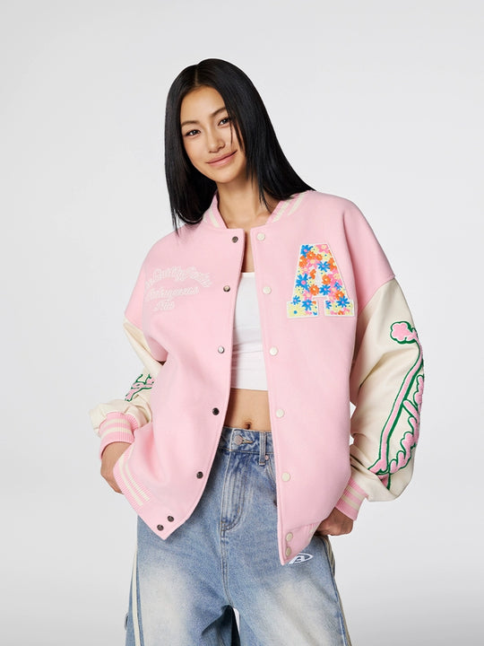 Racer varsity jacket | Achock Colorful Flower Logo Embroidery Varsity Jacket | Face 3 Face