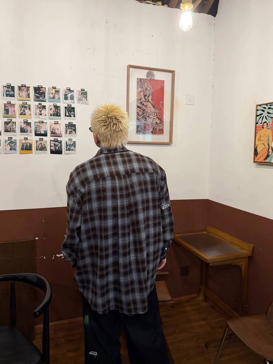 UNDERWATER Blue Brushed Plaid Raw Hem Long Sleeve Flannel Shirt | Face 3 Face