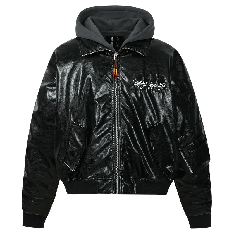 MEDM Layered Hood PU Leather Bomber Jacket | Face 3 Face