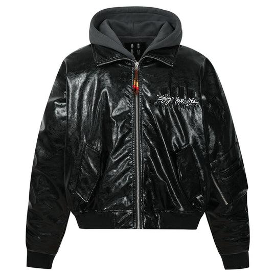 MEDM Layered Hood PU Leather Bomber Jacket | Face 3 Face