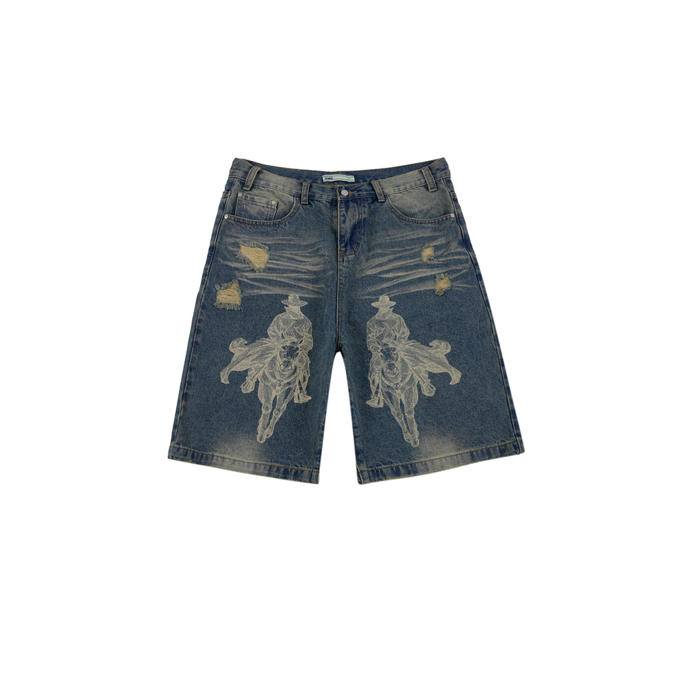 S45 Digital Printed Rivets Ruined Washed Denim Shorts | Face 3 Face
