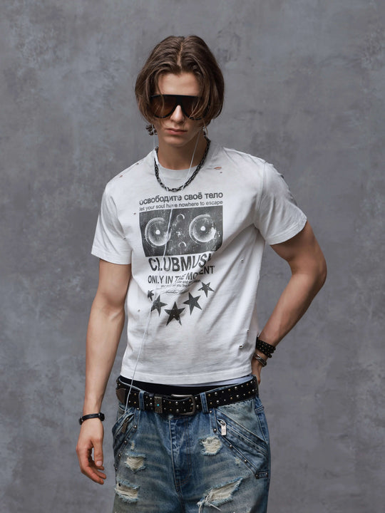 ANTIDOTE Audio Amplifier Graphic Print Distressed Short Sleeve Tee