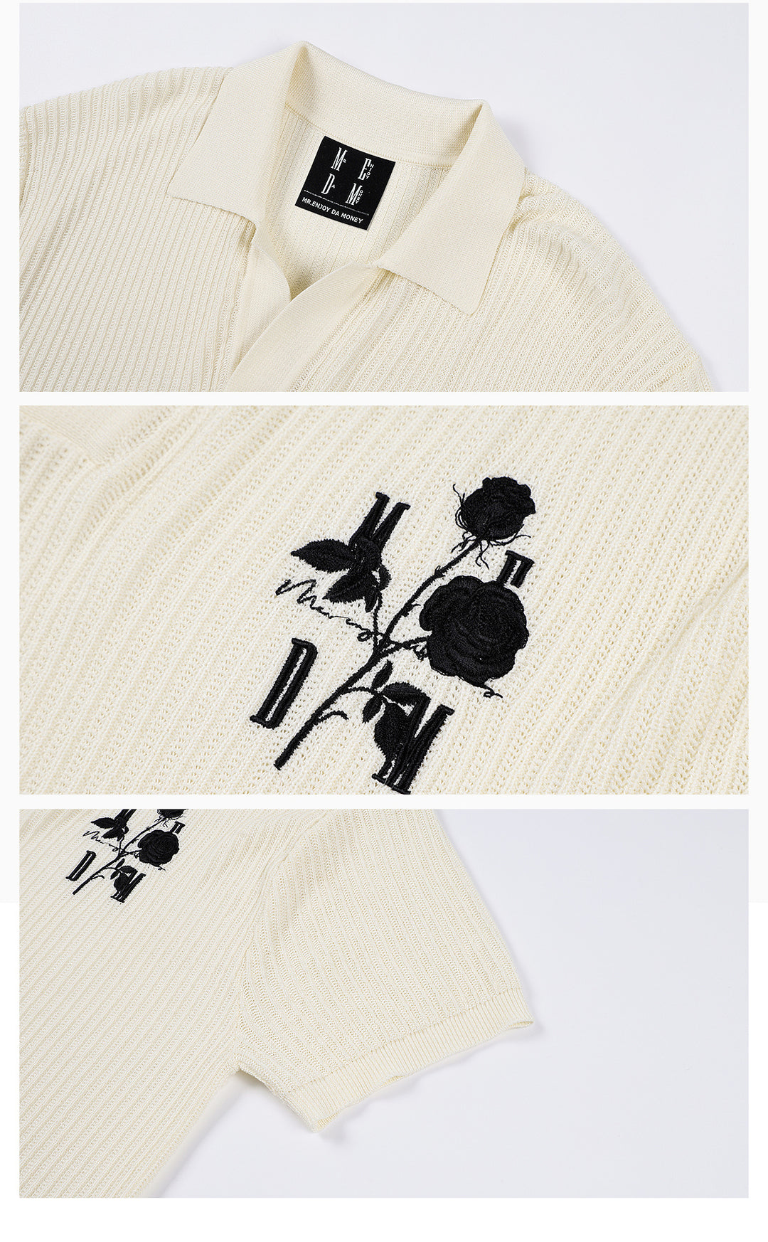 MEDM Rose Embroidered Textured Stripe Knit Polo | Face 3 Face