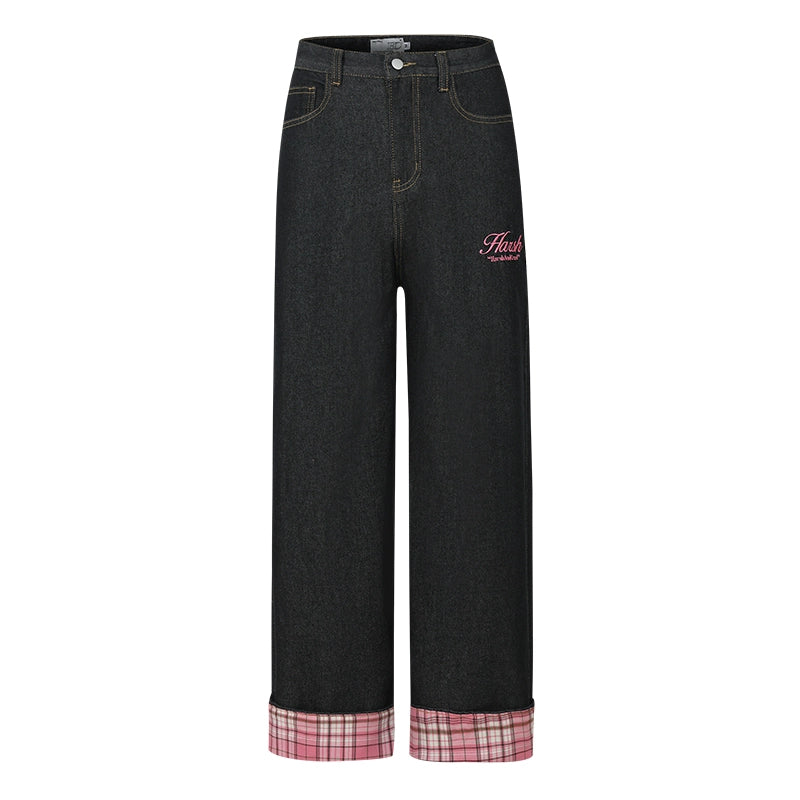 Harsh and Cruel Plaid Trim Cuffed Pocket Jeans | Face 3 Face