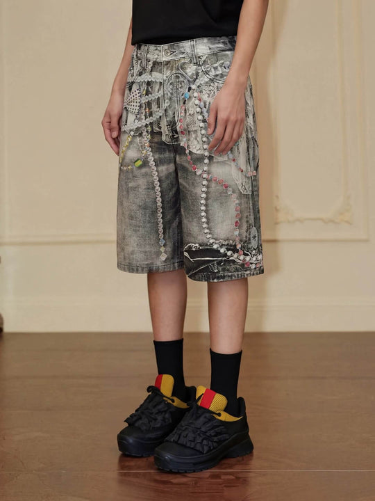 YADcrew Denim Pearl Bead Chain Digital Print Shorts | Face 3 Face