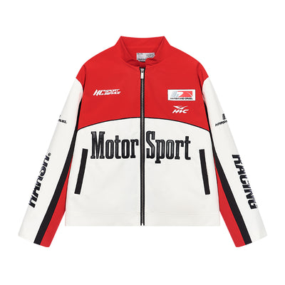 Harsh and Cruel Stand Collar Patch Leather Embroidered Racing Jacket | Face 3 Face