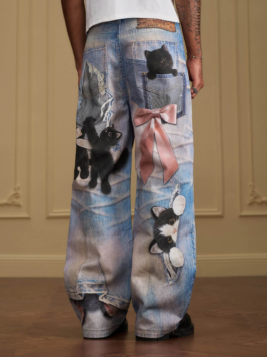 YADcrew Black Cat And Bow Print Baggy Jeans | Face 3 Face